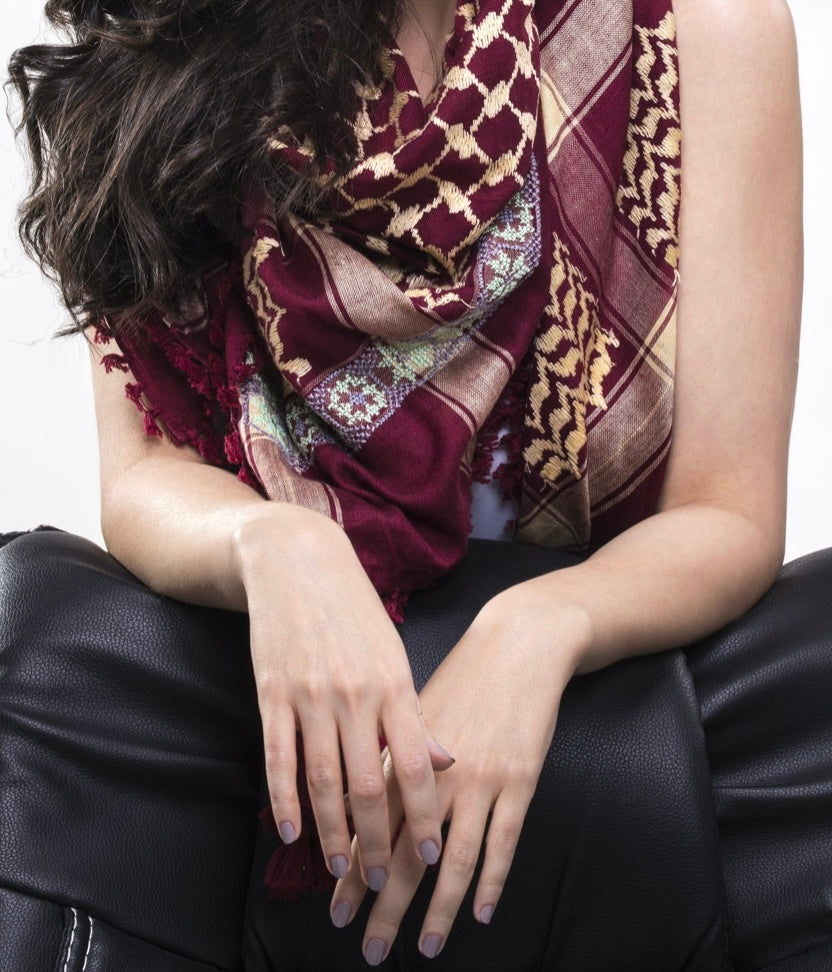 May Keffiyeh Scarf with Hand-Embroidered SEP Patterns, Unique, Stylish, and Colorful