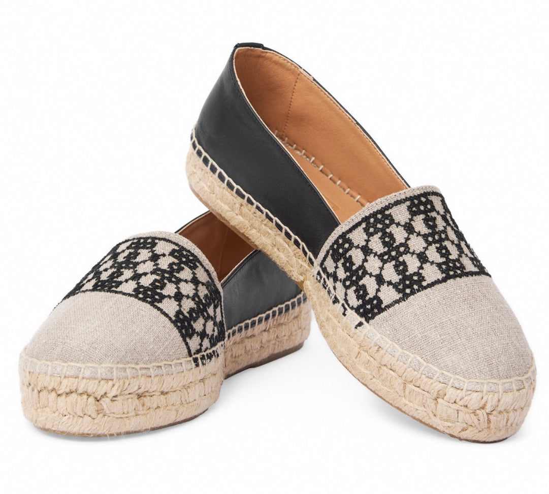 Linen Espadrilles with SEP Beehive Pattern, Black Embroidery, Breathable Microfiber Insole, and Jute Sole