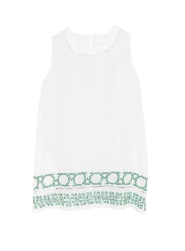 WHITE LINEN DRESS - SHORT SLEEVELESS - SAGE