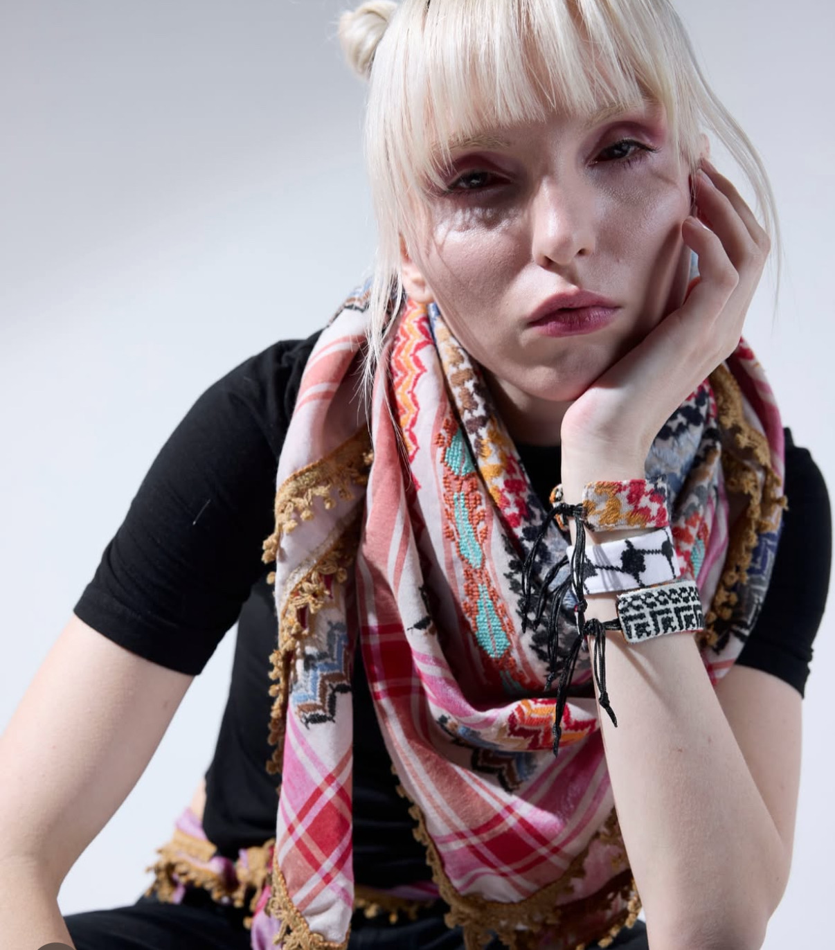 Multicolor Keffiyeh with Hand-Embroidered SEP Patterns, Lightweight Scarf