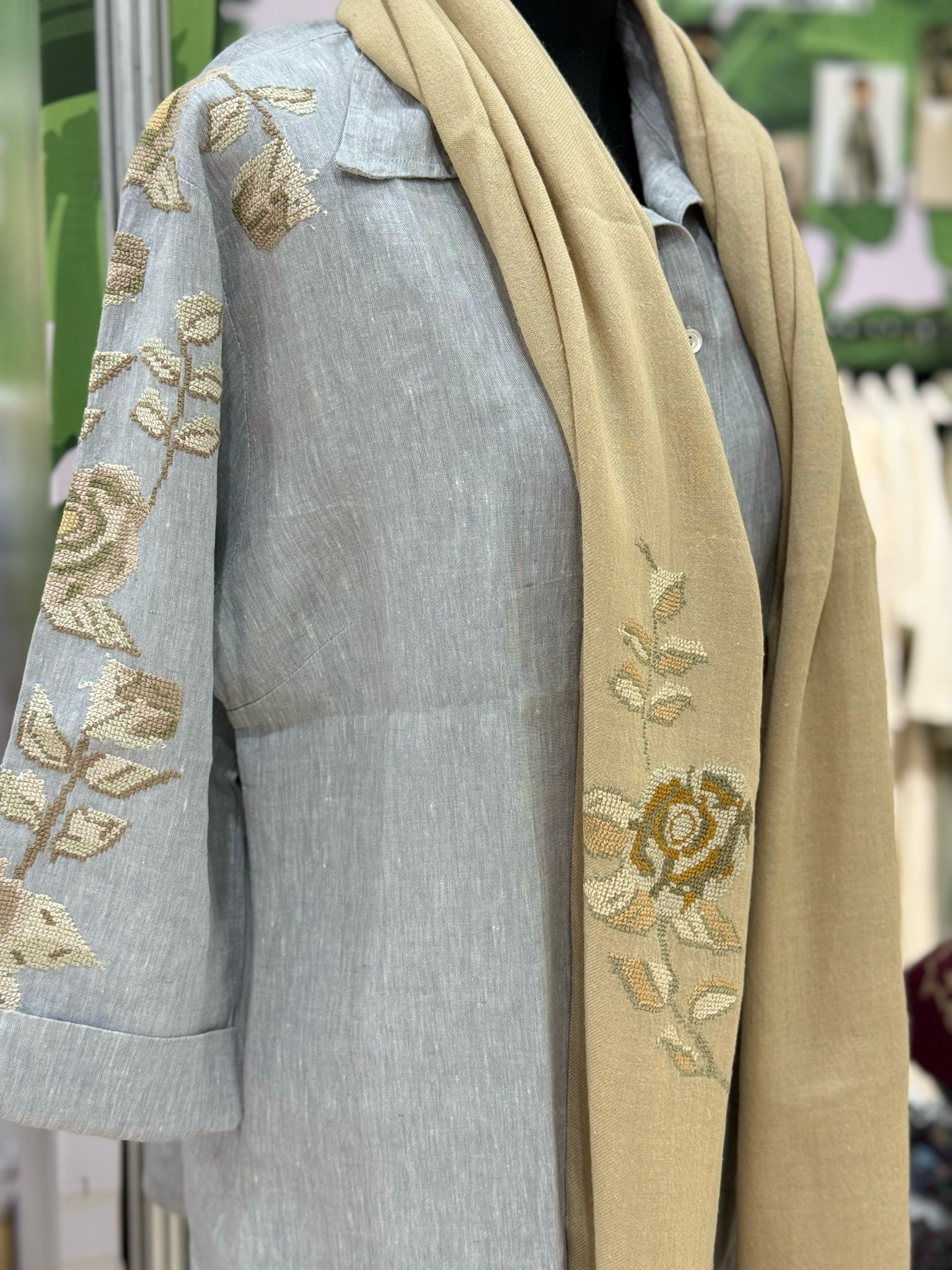 Beige Linen Shawl with Hand-Embroidered Ibrahim and Hana Rose Patterns, Crafted in Italy and Jerash Camp, Jordan