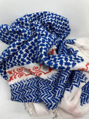 Morikawa Blue Keffiyeh – Hand-Embroidered SEP Design with Pom-Pom Corners, Lightweight Scarf