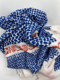Morikawa Blue Keffiyeh – Hand-Embroidered SEP Design with Pom-Pom Corners, Lightweight Scarf