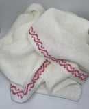 White Linen Shawl with Hand-Embroidered Baby Pink Waves Pattern, Crafted in Italy and Jerash Camp, Jordan