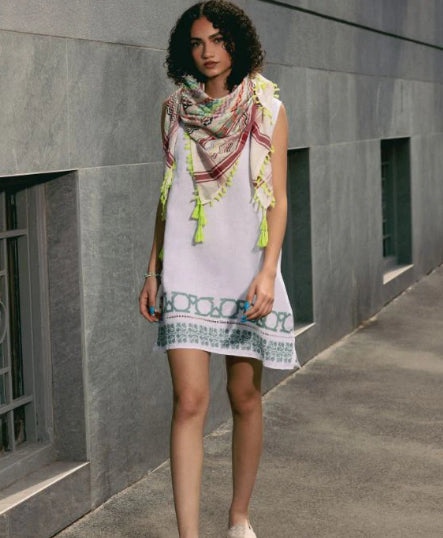 WHITE LINEN DRESS - SHORT SLEEVELESS - SAGE