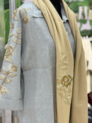 Beige Linen Shawl with Hand-Embroidered Ibrahim and Hana Rose Patterns, Crafted in Italy and Jerash Camp, Jordan