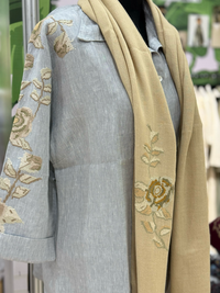 Beige Linen Shawl with Hand-Embroidered Ibrahim and Hana Rose Patterns, Crafted in Italy and Jerash Camp, Jordan