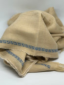 Beige fabric with blue pattern on a white background