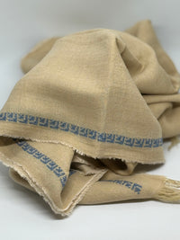 Beige fabric with blue pattern on a white background