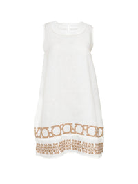 White linen sleeveless dress with sage accents, short length and breezy summer style