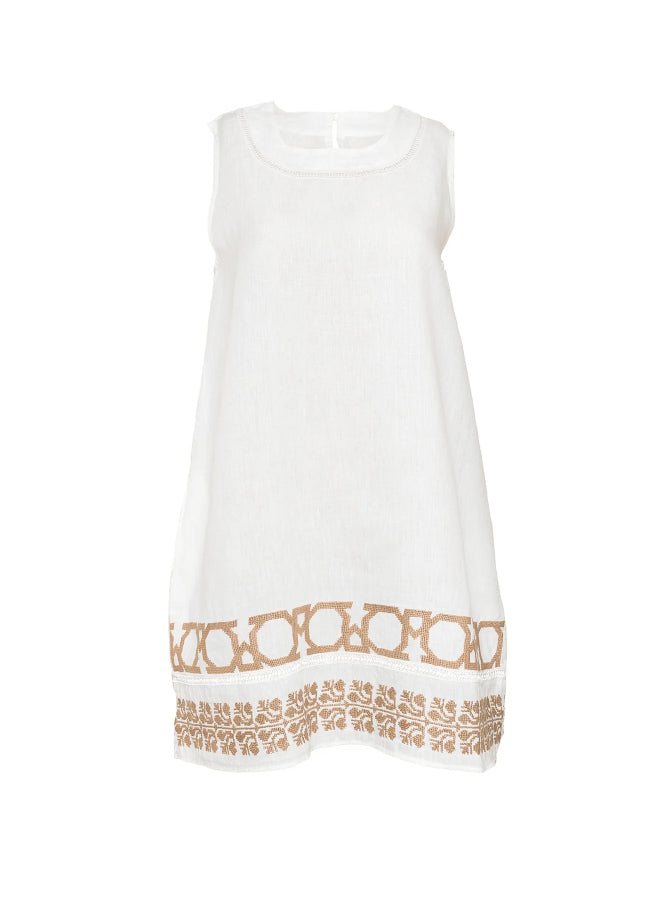 WHITE LINEN DRESS - SHORT SLEEVELESS - BEIGE